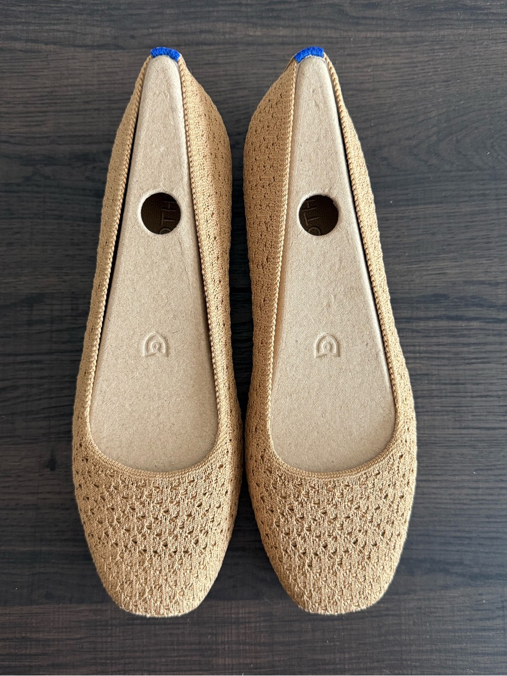 Rothy's Tan Knit Ballet Flats with Blue Heel Tab